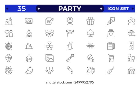 Party line icon set. Included icons as celebrate, celebration, dancing, music, congrats and more.Party, celebration, anniversary elements - thin line web icon set. Outline icons collection.
