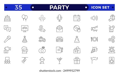 Party line icon set. Included icons as celebrate, celebration, dancing, music, congrats and more.Party, celebration, anniversary elements - thin line web icon set. Outline icons collection.
