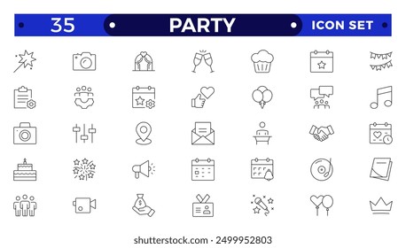 Party line icon set. Included icons as celebrate, celebration, dancing, music, congrats and more.Party, celebration, anniversary elements - thin line web icon set. Outline icons collection.
