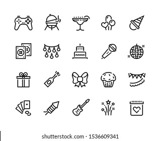 Party Line Icons. Birthday Celebration With Gift Balloons BBQ Music And Fireworks, Celebration With Food And Cocktails. Vector Set Thin Signs Illustration Happy Event With Entertainment