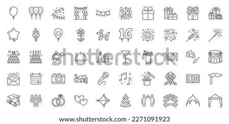 Party line icons set. Birthday cake, anniversary celebration, cocktail, decoration, clown, catering, surprise firework, balloon vector illustration. Outline signs about entertainment. Editable Stroke
