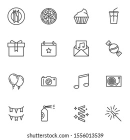 Party line icons set. linear style symbols collection, outline signs pack. vector graphics. Set includes icons as air balloons, gift box, invitation card, flags, pizza, drink cup, photo camera, music
