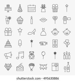 Party Line Icons Set. Vector Collection of Modern Thin Outline Birthday Celebration Symbols.