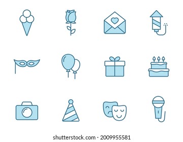 party line vector icons in two colors isolated on white background. birthday party celebration blue outline icon set for web design, ui, mobile apps and print