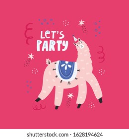Party llama flat vector illustration with typography