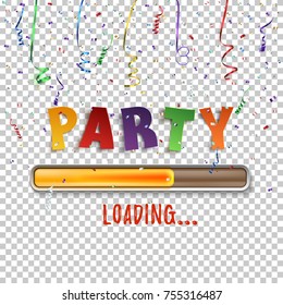 Party loading poster template with confetti and colorful ribbons. Vector illustration.