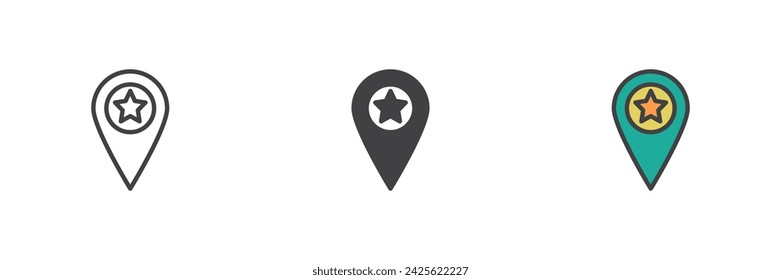 Party location pin different style icon set. Line, glyph and filled outline colorful version, outline and filled vector sign. Map pointer with star symbol, logo illustration. Vector graphics