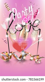 Party of love banner with party deco objects and sparkler. Vector illustration