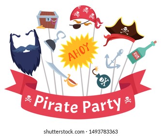 Party mask. Pirate hats beard hairs hook bandanas mascarade costumes vector collection