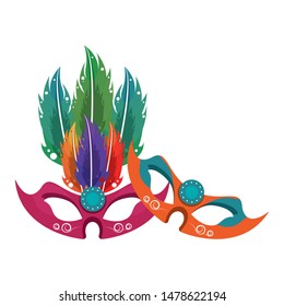 party masks festive carnival costume celebration decoration with feathers cartoon vector illustration graphic design