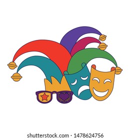 party masks festive carnival costume celebration decoration with jester hat cartoon vector illustration graphic design