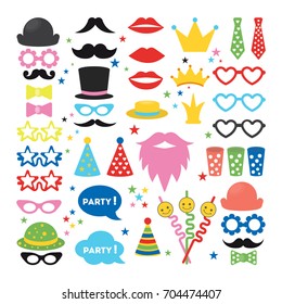 Party masks set. Hats and glasses, beards and speech bubbles.