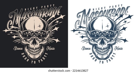 Party masquerade flyer monochrome vintage skull with elegant mask over its eyes inviting to night music dancing festival vector illustration