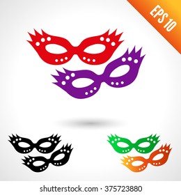 Party masquerade masks. Set of six silhouettes red, black, green, violet, orange. isolated on white background.