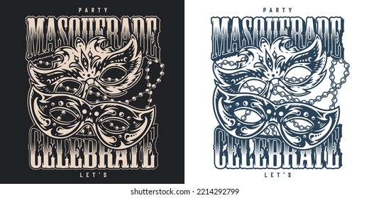 Party masquerade vintage monochrome poster celebrate eye masks and elegant beads for members and participants Mardi Gras carnival vector illustration