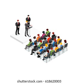 Party meeting isometric design concept with politician and his security speaking in front of audience vector illustration