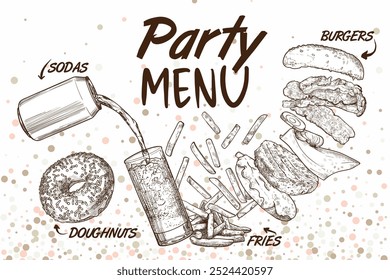 Design de banner de menu de festa com refrigerante e um vidro, rosquinha, batatas fritas e hambúrguer com ingredientes em camadas. Ativos de alimentos vetoriais com alimentos rápidos desenhados à mão. O contorno e o preenchimento são agrupados separadamente.