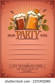 Lista de menús de fiestas, invitación al diseño de vectores de volante maquillaje con gafas de cerveza y lugar de texto