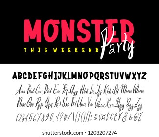 It's a party monster banner. Hand drawn typeface set isolated on white. Vector logo font. Typography alphabet for your designs: logo, typeface, card, wedding invitation.