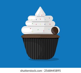 A party muffin cupcake with white soft cream, sprinkles of colored chocolate and a small chocolate cookie on a blue background vector illustration