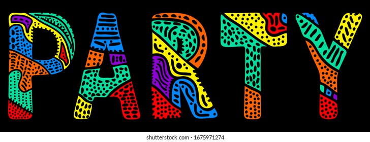  Fiesta. Inscripción de aislamiento de contraste brillante multicolor. Curvas estampadas, letras de doodle, colores arcoiris. Fiesta para impresiones en ropa, pantalones, souvenir, banner, tarjeta, satchel. Imagen vectorial de material.