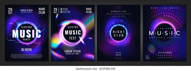 Party music background. Poster light particles. Electronic tune. Night club show flyer. Electro audio. Sparkle effect design banner. Neon billboard glitter. Rainbow spectrum. Vector DJ disco cards set