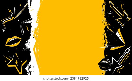 Party music decorated with rock and roll instruments and screaming mouth signs on a background design template for a music festival banner or concert poster. 