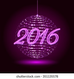 Party neon christmas ball. 3D illuminated distorted sphere ball of glowing particles. Happy new year .Vector illustration. Disco ball. 