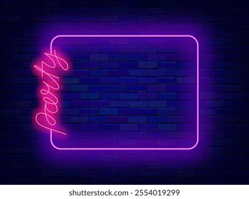 Party neon greeting card. Event celebration. Night club dance. Empty purple frame. Vector stock illustration