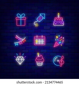 Party neon icon collection. Happy Birthday item. Glowing effect banner. Holiday celebration design on brick wall. Luminous labels pack. Editable stroke. Vector stock illustration