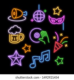 party neon icons, vector neon glow on dark background