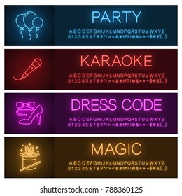 Party neon light banner templates set. Air balloons, microphone, bow tie and high heel shoe, magic trick. Website glowing menu items. Vector isolated illustrations