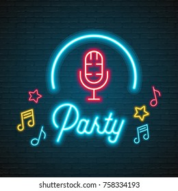 Party Neon Light Graphic Glowing with Microphone Symbol Graphic Vector Illustration