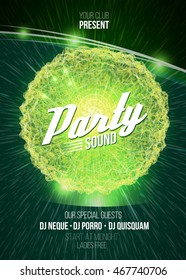Party neon sign. 3D illuminated distorted sphere of glowing triangles, wireframe, light effect. Music party. Vector illustration