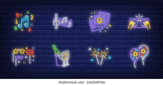 Party neon sign set with air balloons, DJ mixer, music notes, masks on sticks. Vector illustration in neon style, bright banner for topics like anniversary, birthday, celebration