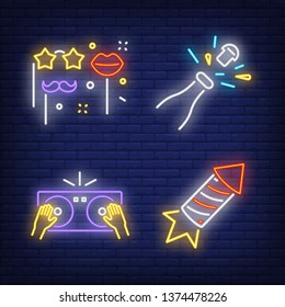 Party neon sign set. DJ, Champaign, petard, moustache on stick. Colorful billboard, bright banner. Vector illustration in neon style for topics like holiday, celebration, masquerade