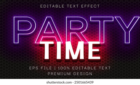 Party neon text effect template with glowing type style and bright concept use for Club, Disco. Party Time Neon sign mock up.