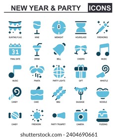 party and new year set icon.duo tone style vector.contains fireworks, bunting flags, snacks, pinata, bell, toast, wine, gifts, barbeque, snacks, party decorations, entertainment. new year party vector