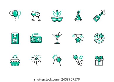 Party and New Year - set of line design style icons isolated on white background. High quality images of balloons, champagne, masquerade, pizza, fireworks, karaoke, sparklers, decorations and food