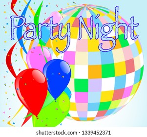 A party night background with balloons and a large disco ball