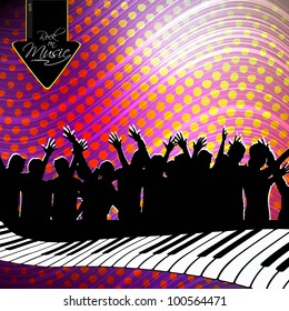 Party night background with dancing people silhouette and piano buttons, can be use as flyer, banner or poster for discotheque, party and other events. EPS 10. Vector illustration.