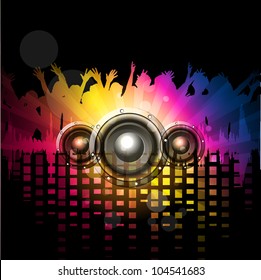 Party night background with dancing people silthoette and speakers, can be use as flyer, banner or poster for discotheque, party and other events. EPS 10. Vector illustration.