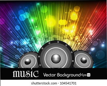 Party night background with shiny multicolor rays and speakers, can be use as flyer, banner or poster for discotheque, party and other events. EPS 10. Vector illustration.