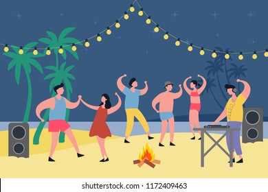 Party at night beach. People dancing at tropical coast with fire. Men and women at disco with music. Cartoon man and woman celebrating at vacation or holiday. Party or disco advertising poster