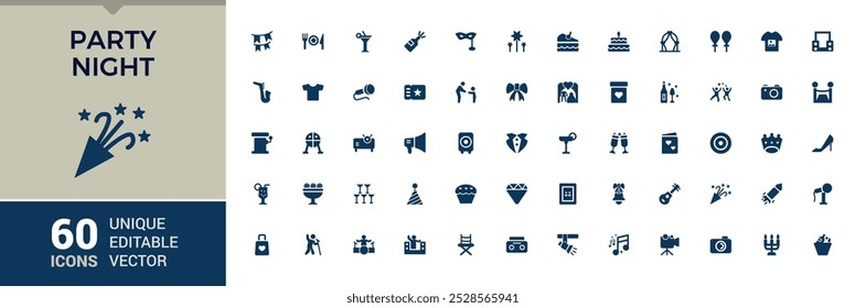Party night corporate event solid icons set. Event filled symbol collection, simple and Minimal collection for web and ui, Pixel perfect. Editable outline icons.