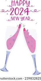 Concepto de Cliche de gafas de bebida nocturnas de fiesta, diseño de icono de veinticuatro vectores, Símbolo de Año Nuevo feliz 2024, Signo de deseos de HNY, celebración de Nochevieja Elemento ilustración de material