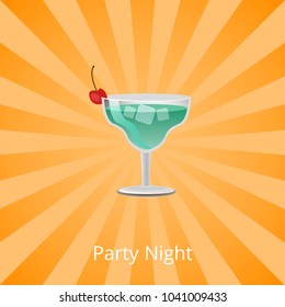 Party night margarita decorated by cherry, summer refreshing cocktail with martini vector illustration alcohol beverage on rays stripe background