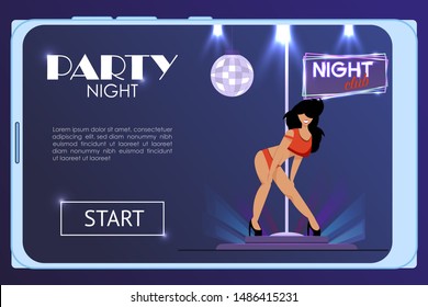 Party Night Promotion Flat Lading Page on Mobile Screen. Night Club Strip Show Advertising. Cartoon Erotic Pole Dancer in Bikini Performing Erotic Dance. Vector Illustration with Place for Text