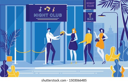 Party Night Security. Bouncer Cheking Woman Handbag With Metal Detector. Entrance People Line, Roped Dance Club Door Vector Illustration. Nightclub Building Exterior. Concert, Disco Event