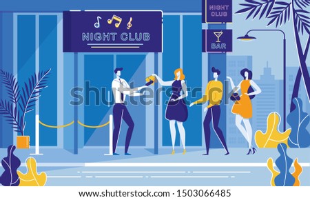 Party Night Security. Bouncer Cheking Woman Handbag with Metal Detector. Entrance People Line, Roped Dance Club Door Vector Illustration. Nightclub Building Exterior. Concert, Disco Event